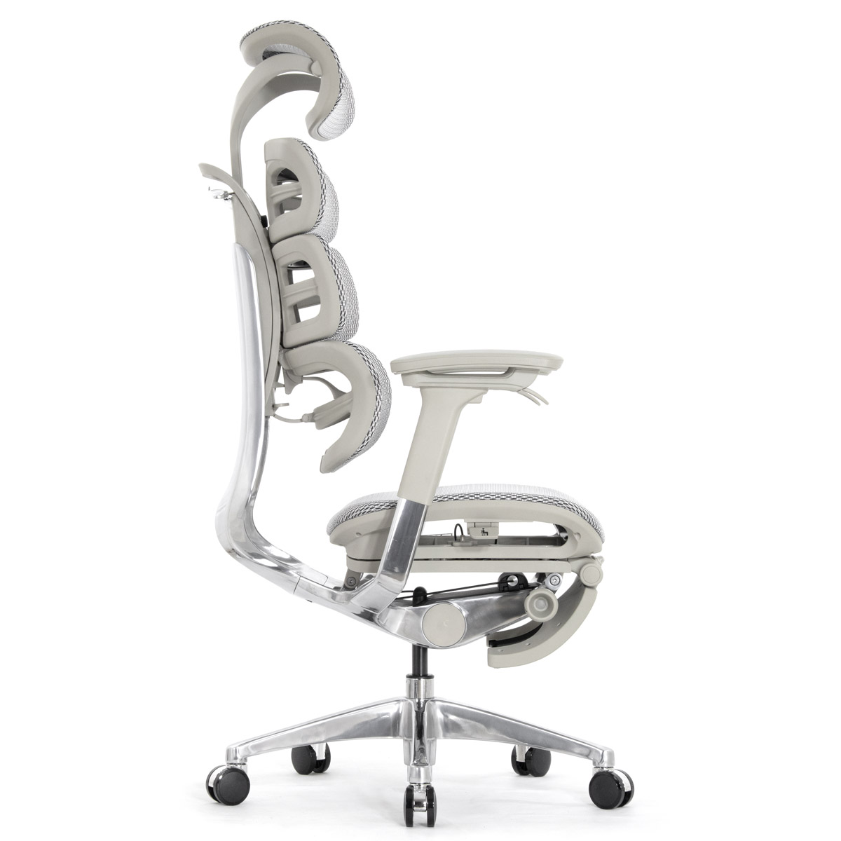 Эргономичное кресло Falto Evolution с подножкой (тихие вставки, управление на подлокотниках, сетка, серый)
