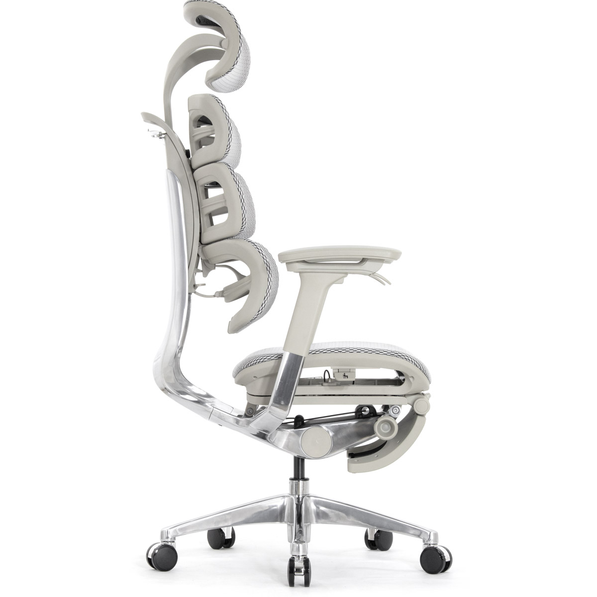 Эргономичное кресло Falto Evolution с подножкой (тихие вставки, управление на подлокотниках, сетка, серый)
