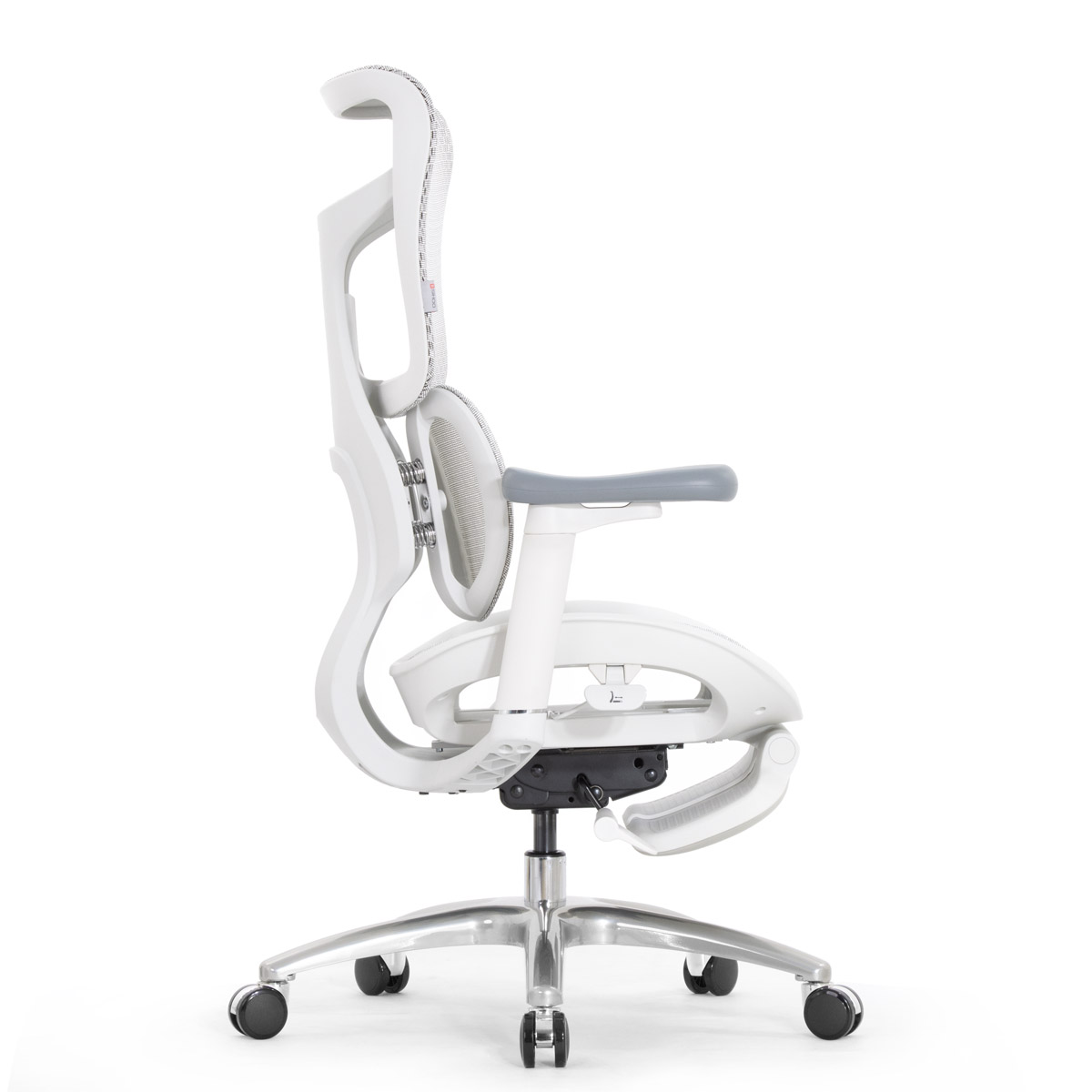 Эргономичное кресло Falto Scala Office с подножкой (разделённый поясничный упор, сетка, каркас белый, серый)